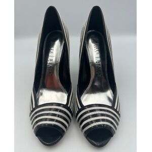 WHBM Black White Stripe Patent Leather Peep Toe Pumps Womens Size 7M